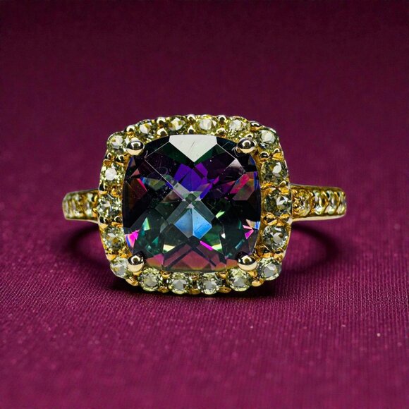 10K Gold Mystic Topaz & Green Amethyst Ring -Size 9.5 Prasiolite Halo Ring -2.4g